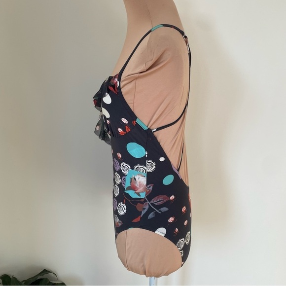 SHAN Strappy Back Rosette Tulle Trim Black Multi Rose Print One Piece Swimsuit 8 - Picture 2 of 11